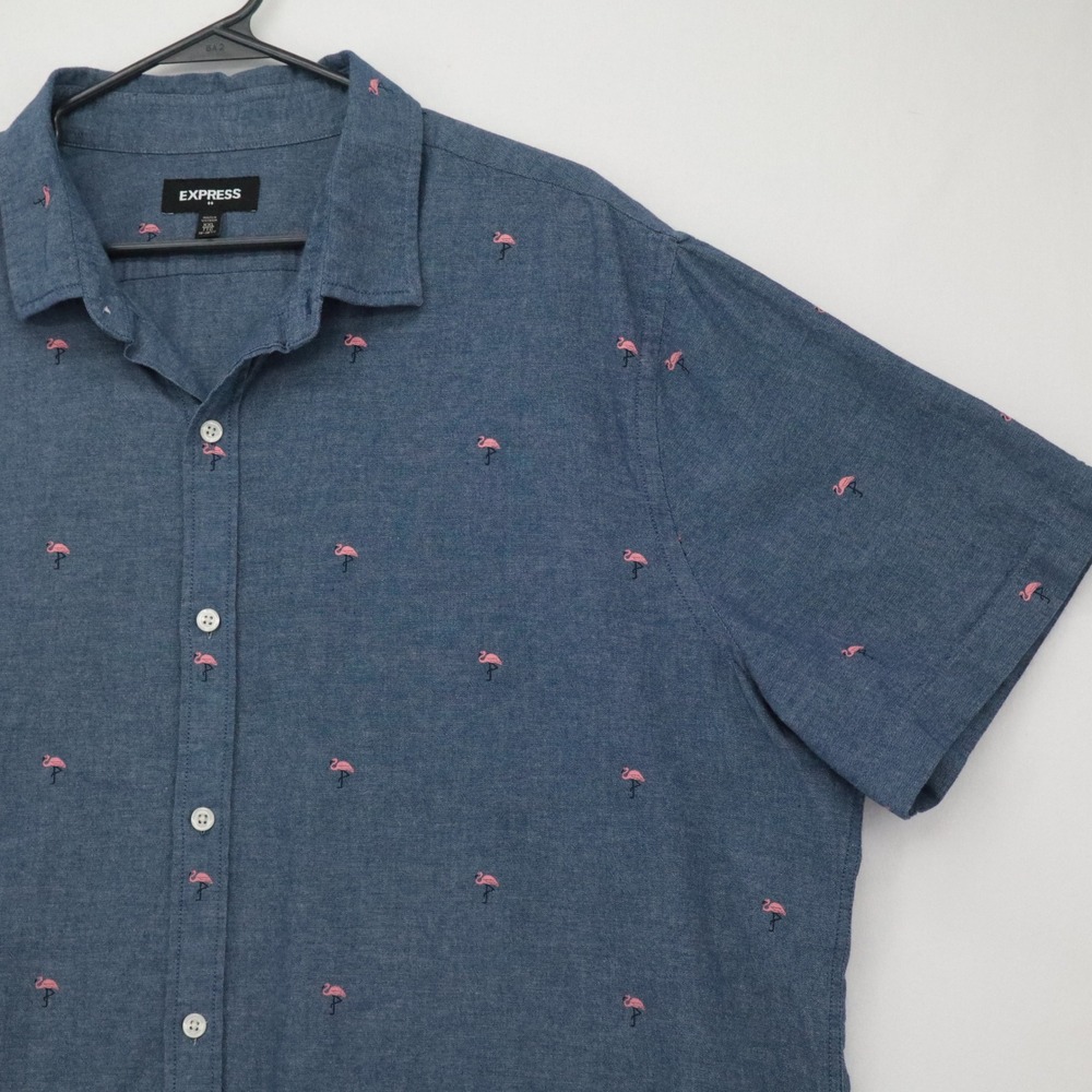 Express Mens XXL Blue Chambray Flamingo‎ Print Short Sleeve Button Down Shirt